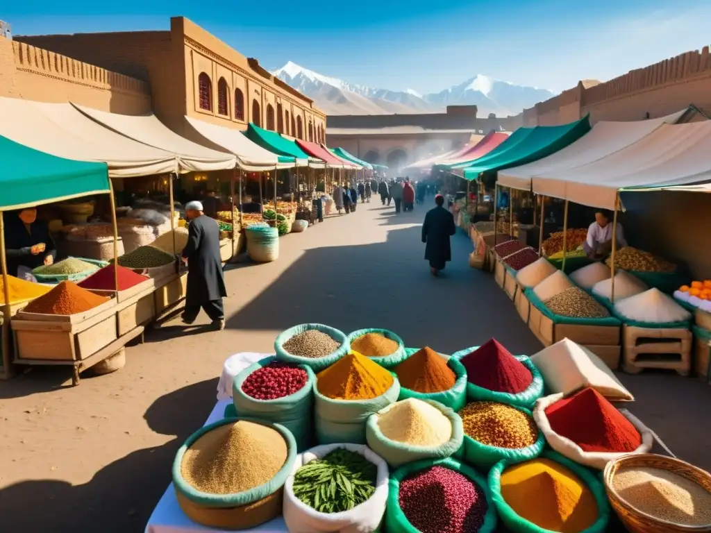 Un mercado bullicioso en Asia Central con exóticos sabores de la Ruta de la Seda, colores vibrantes y detalles exquisitos