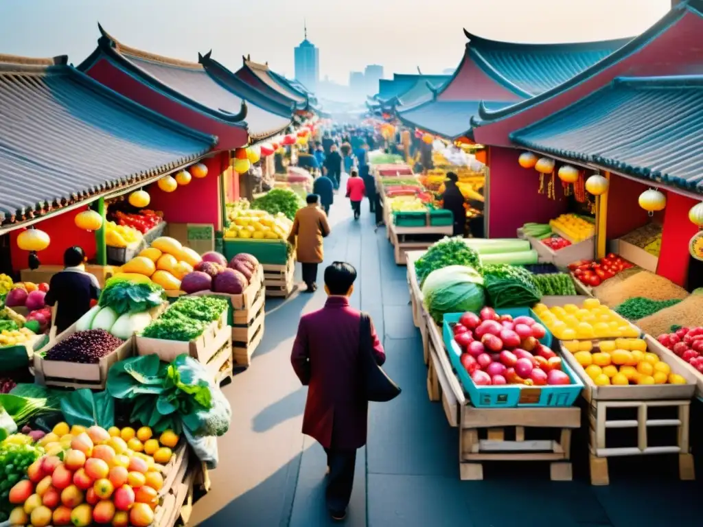 Mercado bullicioso en China, con puestos coloridos y agricultores locales vendiendo su cosecha