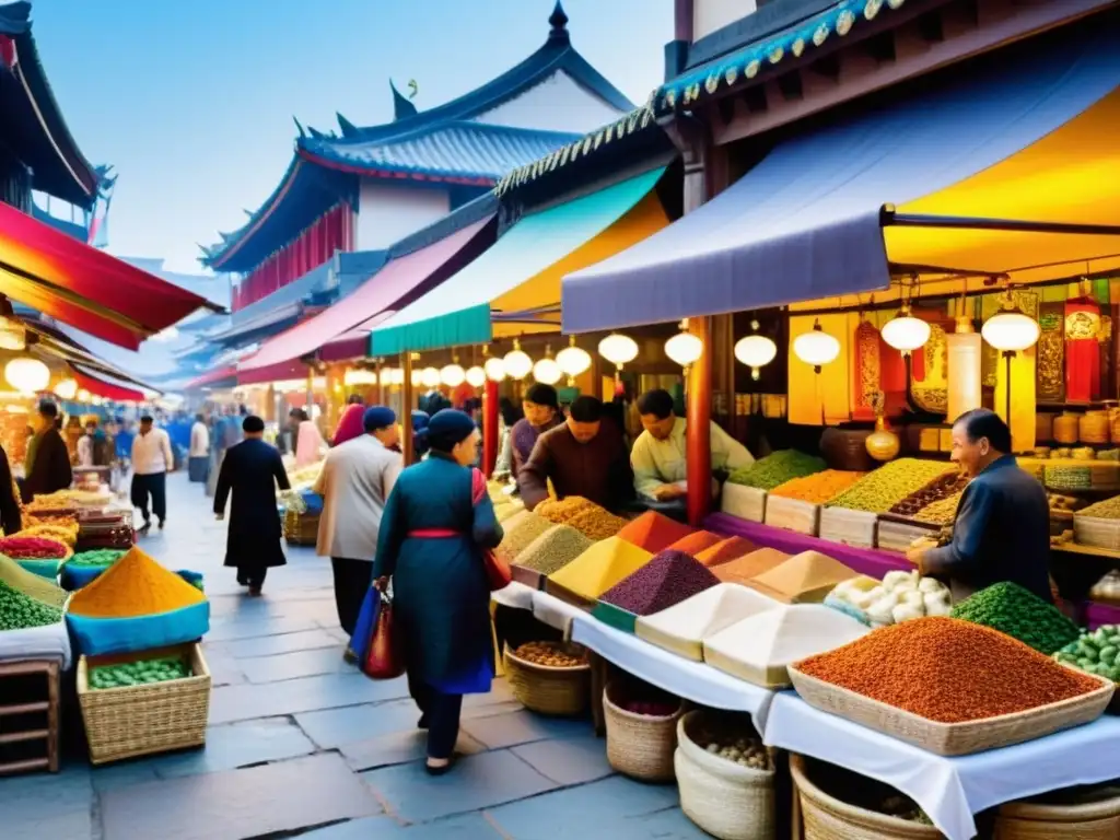 Un mercado bullicioso en una ciudad asiática histórica, con comerciantes y vendedores realizando transacciones bajo coloridos toldos y arquitectura tradicional