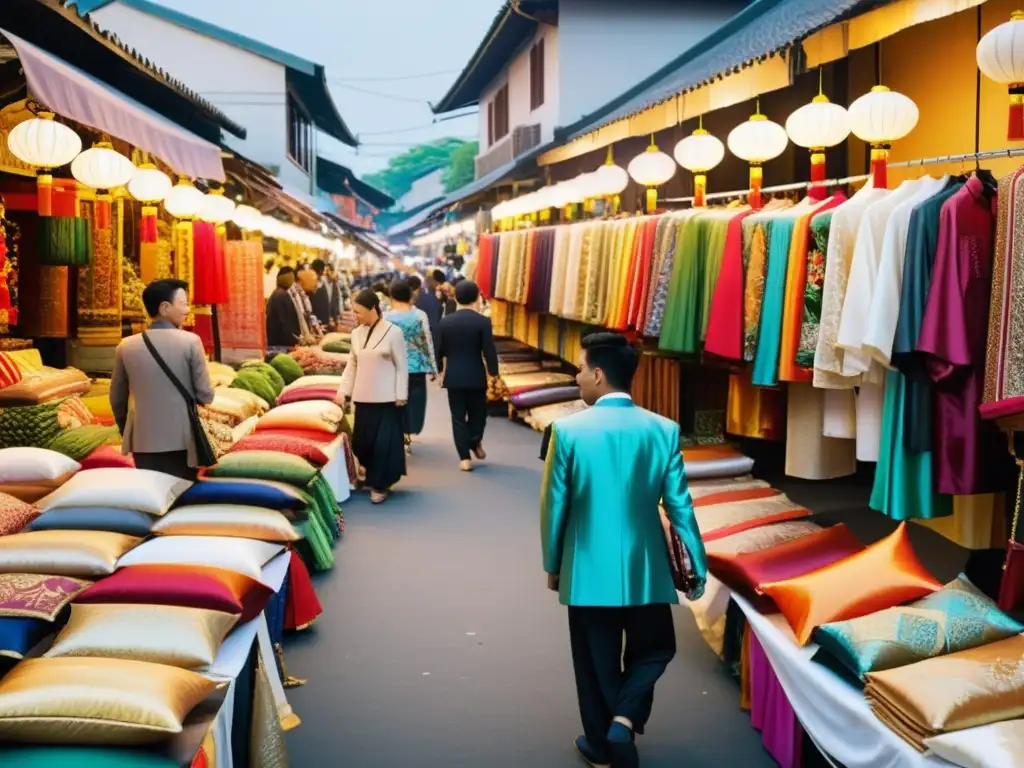 Un mercado bullicioso en una ciudad asiática, con vendedores ofreciendo una vibrante variedad de ropa tradicional y moderna