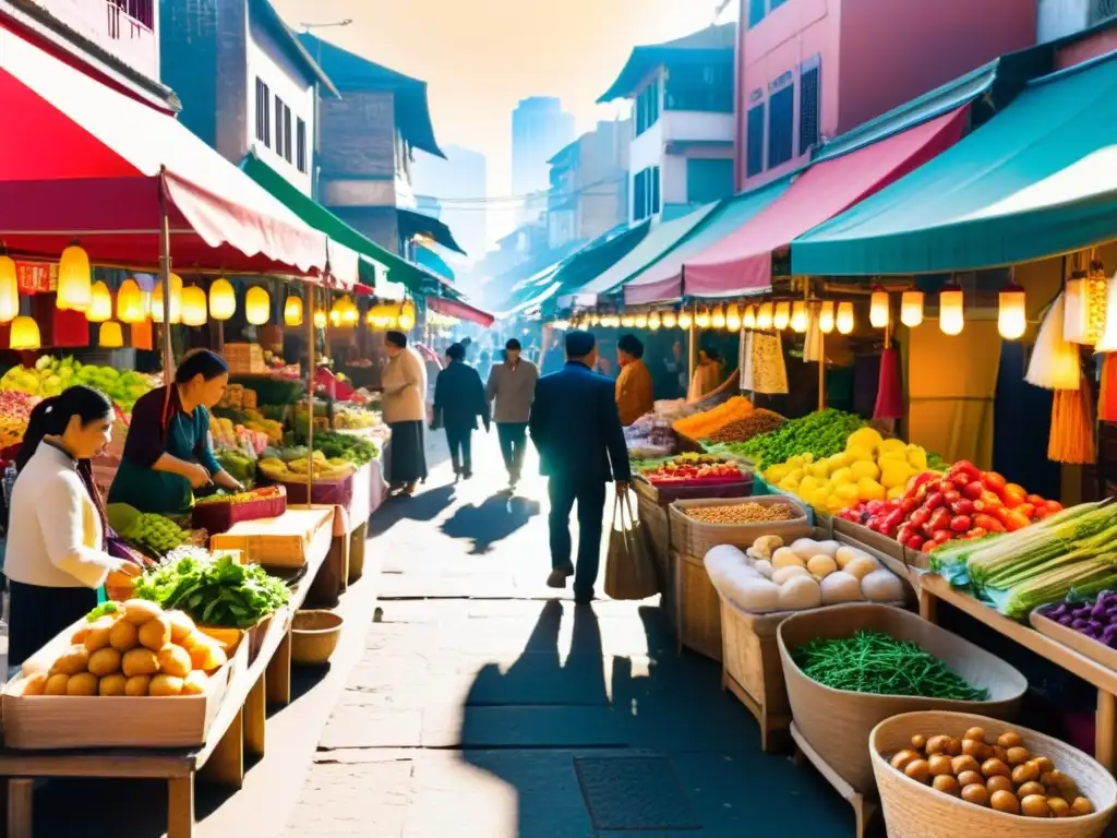 Un mercado bullicioso en una ciudad asiática vibrante con puestos coloridos y gente de todas las edades