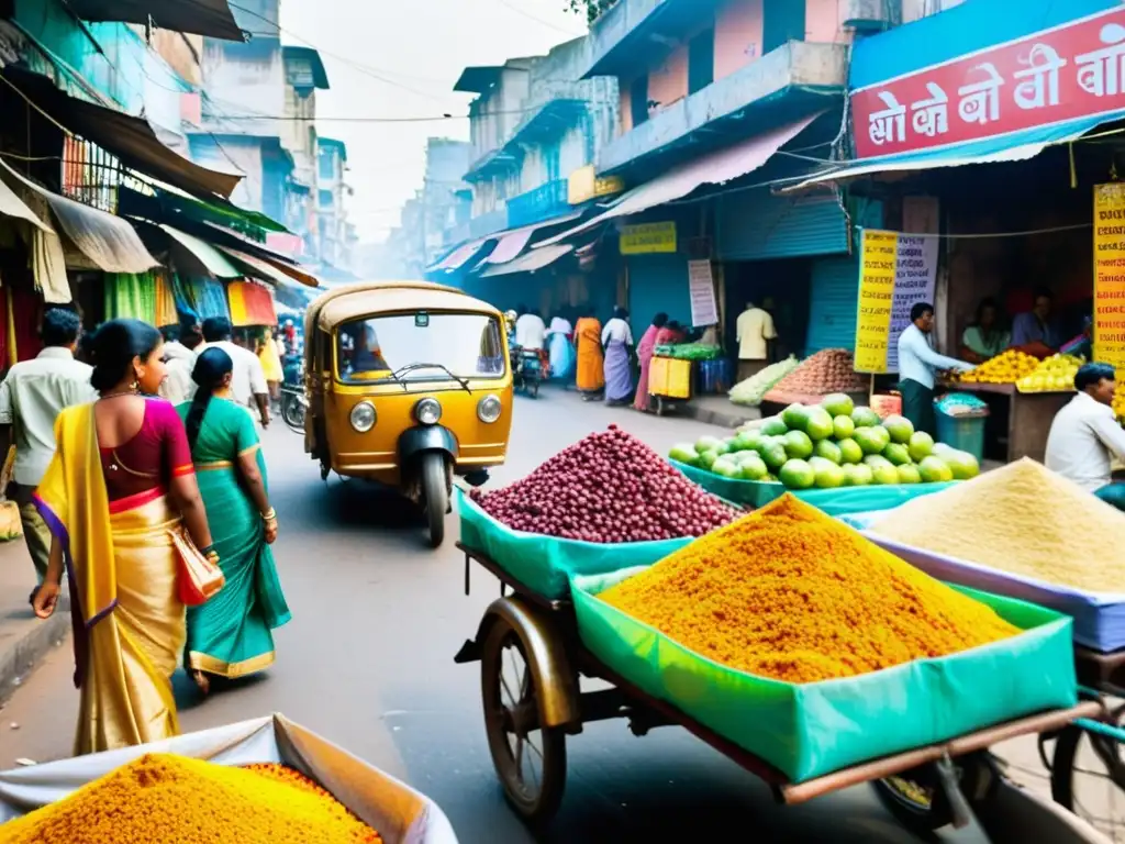 Un mercado bullicioso en Kolkata, India, con saris coloridos y puestos de frutas