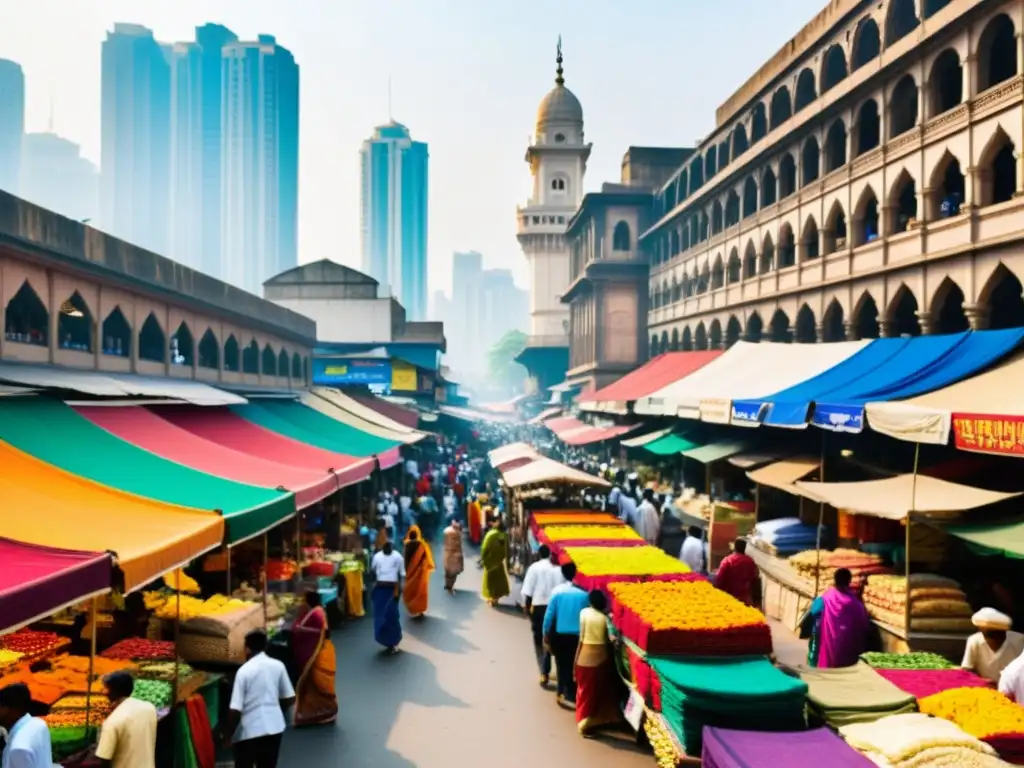 Un mercado bullicioso en Mumbai, India, con saris coloridos y vendedores