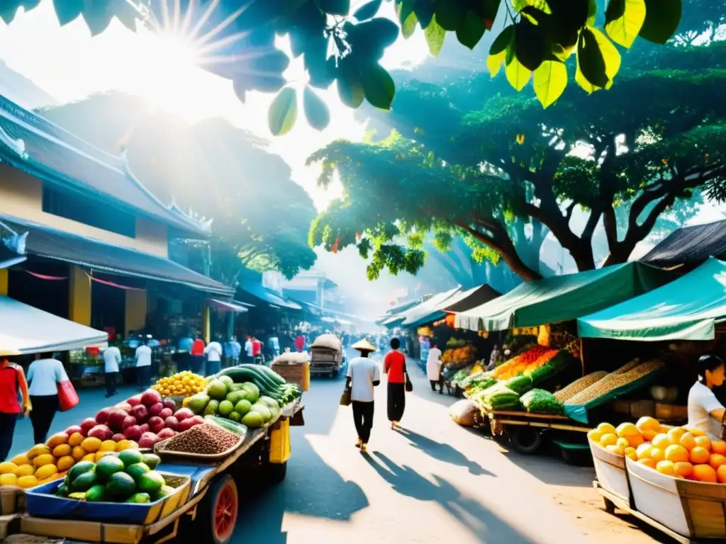 Mercado bullicioso en Vietnam, con frutas, vegetales y especias