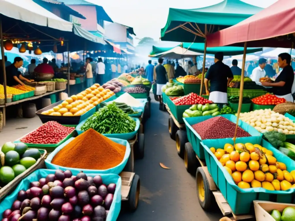 Un mercado bullicioso en Asia, con frutas y verduras vibrantes