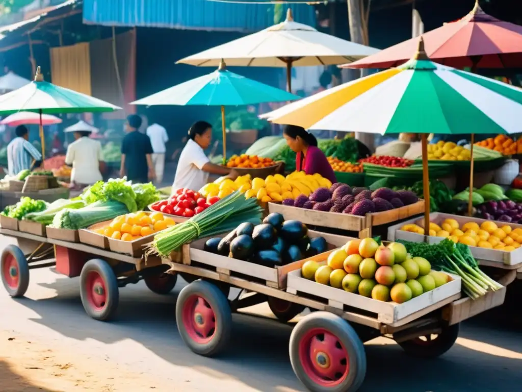 Mercado bullicioso en Asia con frutas y verduras exóticas en carritos de madera