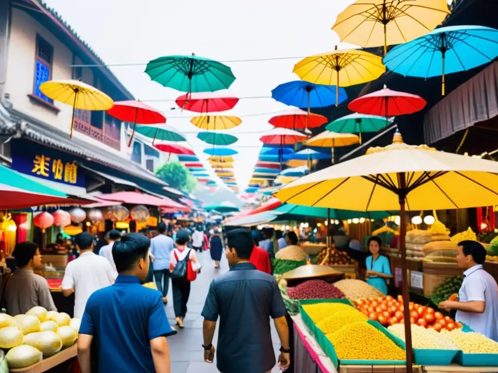 Un mercado bullicioso en una gran ciudad asiática, con vendedores bajo sombrillas coloridas ofreciendo una variedad de productos