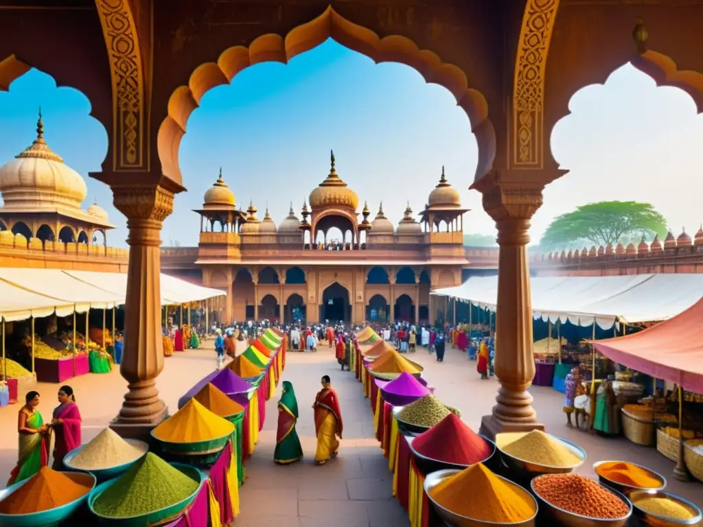 Mercado bullicioso en la India colonial, con colores vibrantes y detalles intrincados