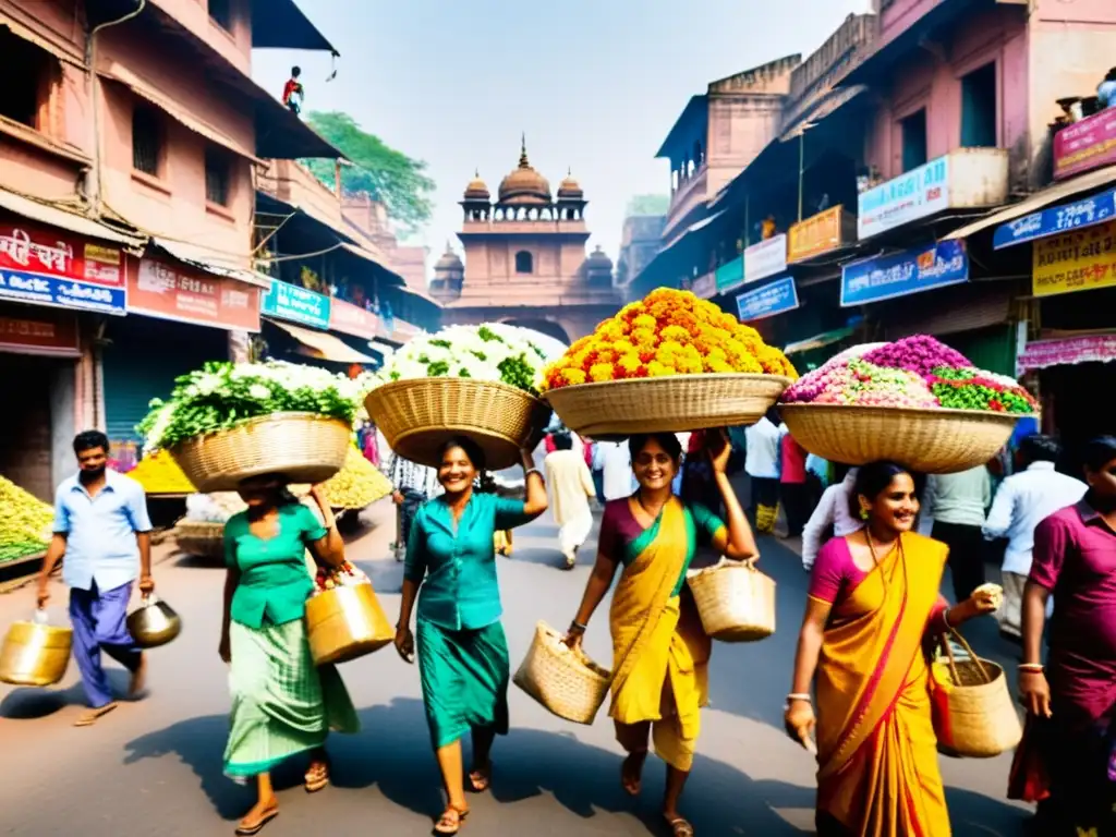 Un mercado bullicioso en India, con colores vibrantes, ropa tradicional y mujeres llevando cestas de flores en la cabeza