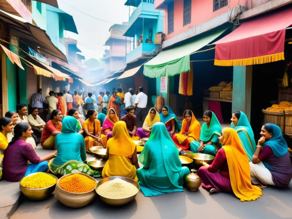 Mercado bullicioso en India con saris coloridos y un narrador de historias, reflejando las técnicas literarias en novelas indias