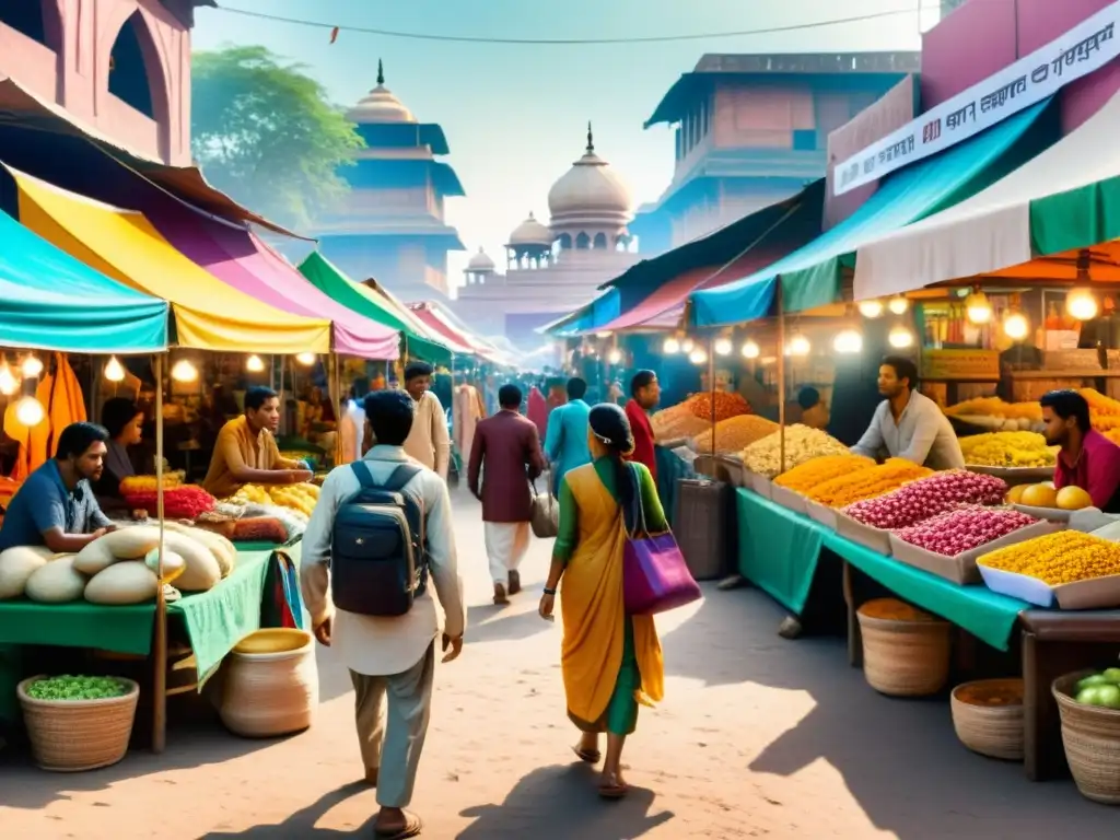 En un mercado bullicioso de la India, coloridos puestos venden variados productos