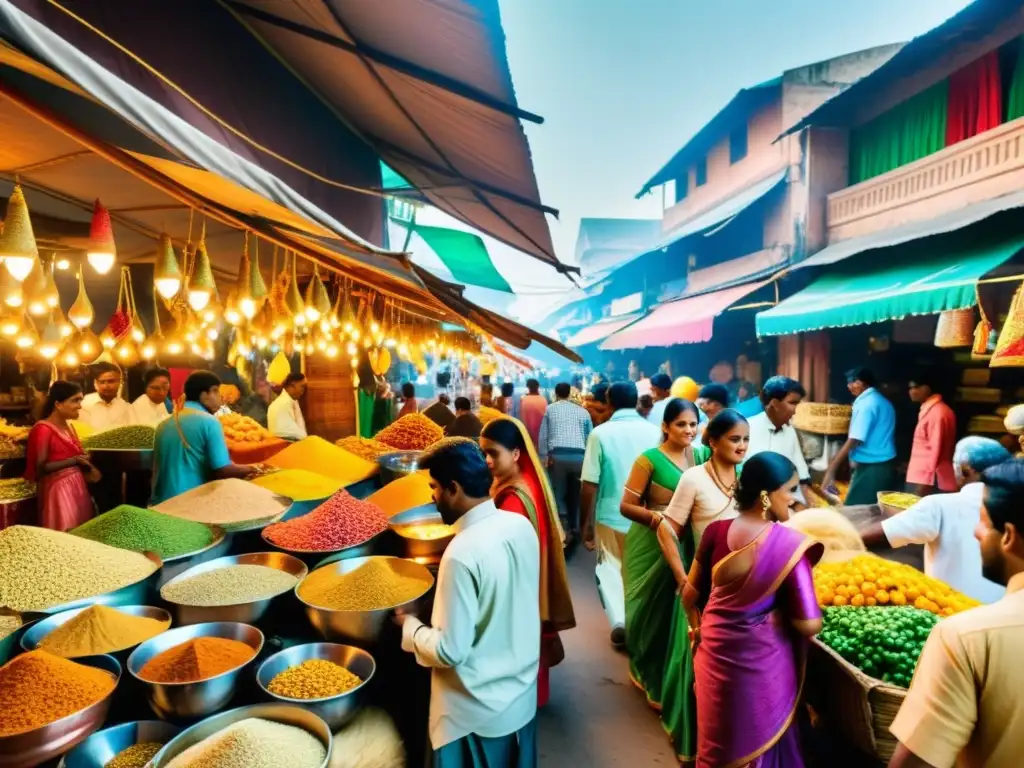 Un mercado bullicioso en la India revela la diversidad cultural a través de colores vibrantes y tradiciones