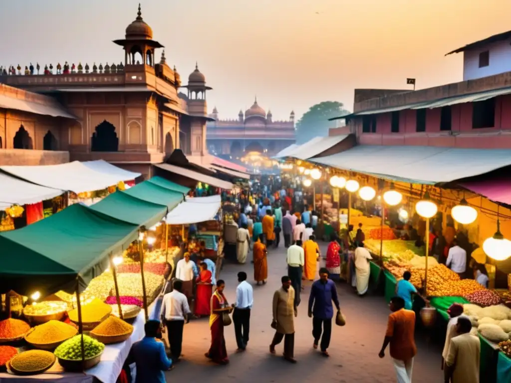 Un mercado bullicioso en India, con puestos coloridos y gente animada