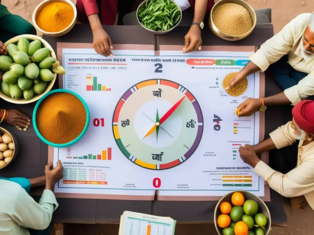 Mercado bullicioso en la India con puestos coloridos de frutas, verduras y especias