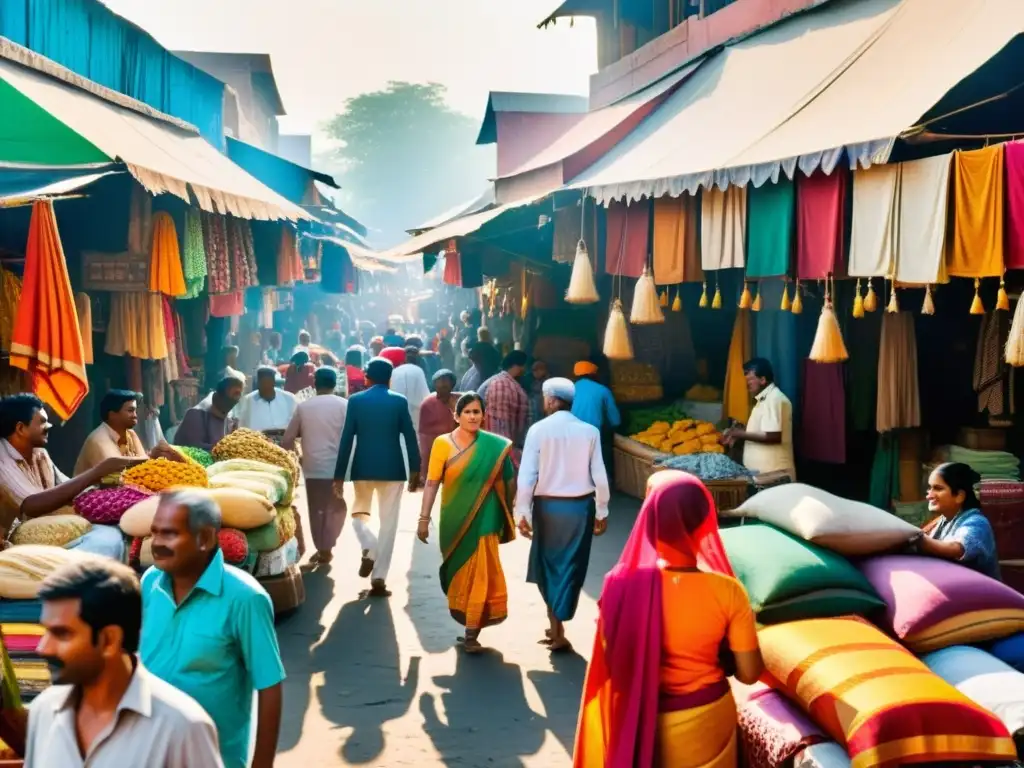 Mercado bullicioso en India con textiles coloridos, locales regateando bajo luz cálida