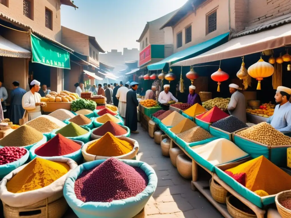 Un mercado bullicioso a lo largo de la Ruta de la Seda, con sabores exclusivos y una atmósfera vibrante de diversidad cultural