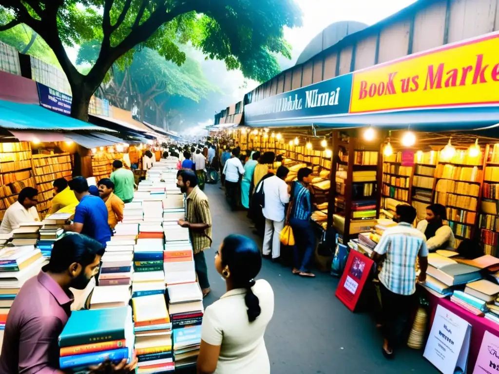 Mercado bullicioso de libros en Mumbai, India, con puestos coloridos y variedad de literatura asiática