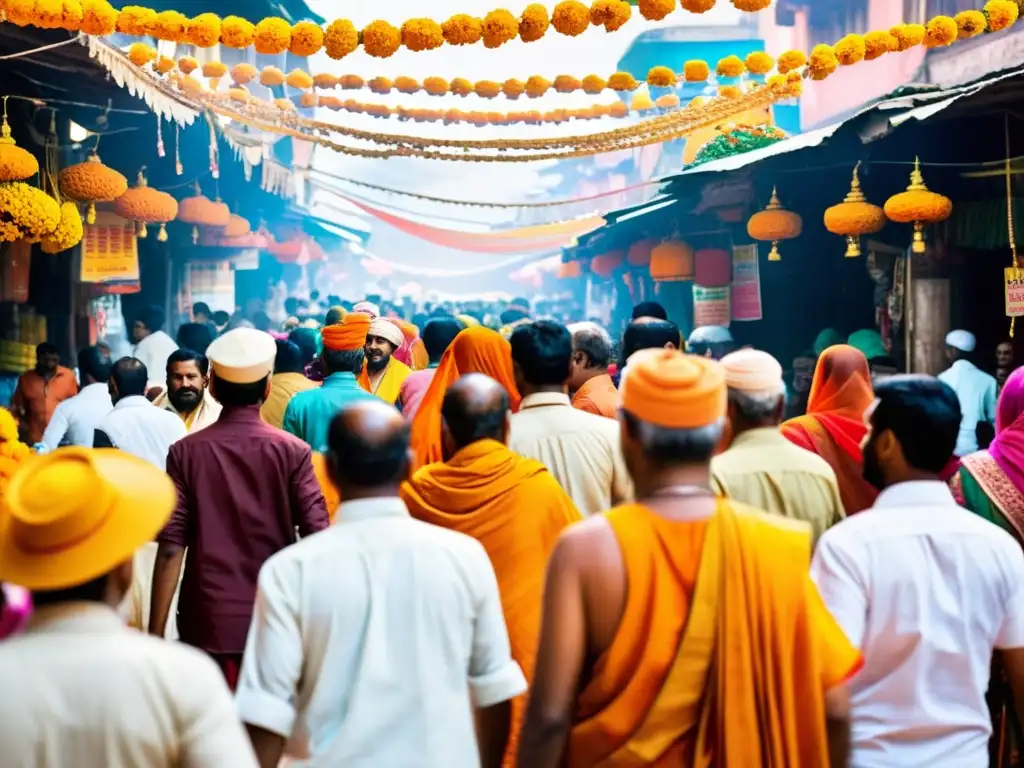 Peregrinación hindú en mercado bullicioso de Varanasi, India, lleno de coloridas prendas y productos religiosos