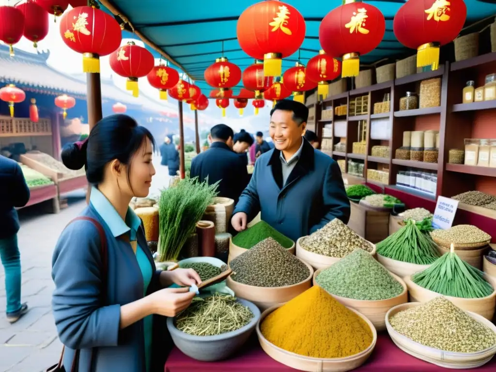 Mercado bullicioso de medicina tradicional china en Beijing, con vendedores ofreciendo hierbas, raíces y remedios naturales