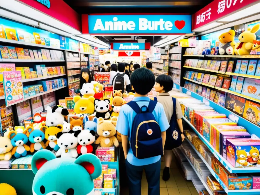 Un mercado bullicioso de merchandising de anime en Akihabara, Tokio, con colores vivos y detalles intrincados de productos