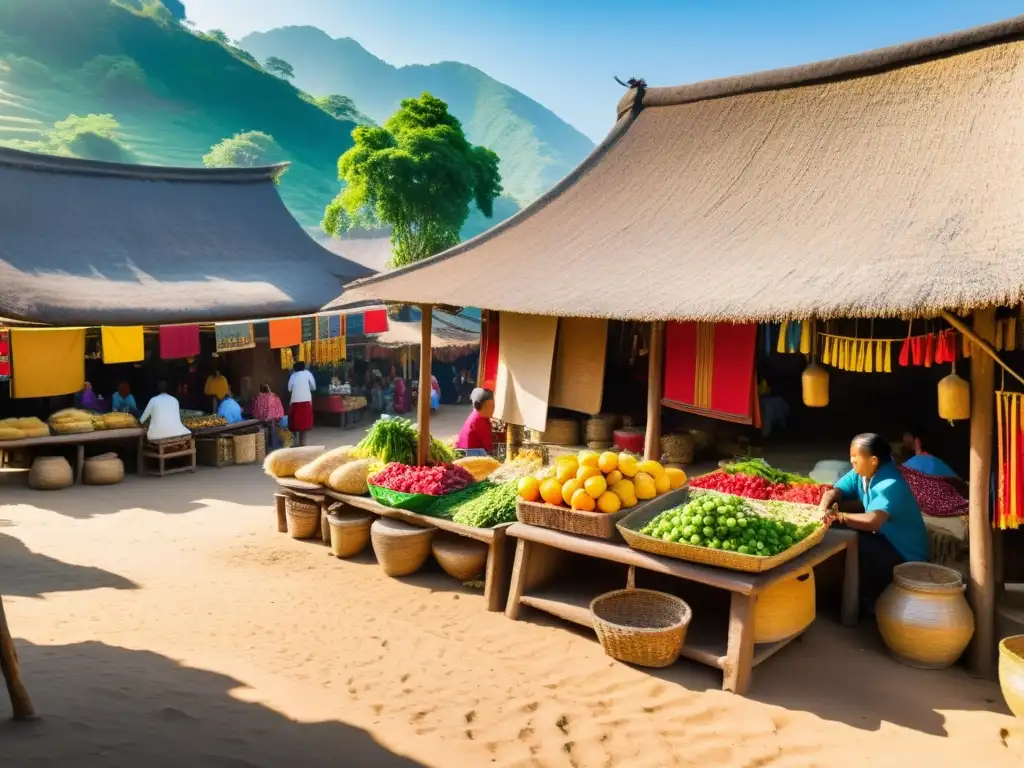 Mercado bullicioso en un pueblo asiático, colores vivos, música tradicional, riqueza cultural exploración Asia