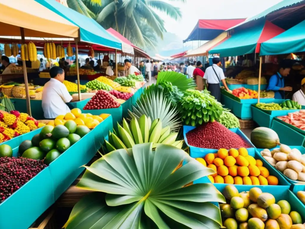 Mercado bullicioso en Asia con puestos de frutas exóticas, especias fragantes y mariscos frescos