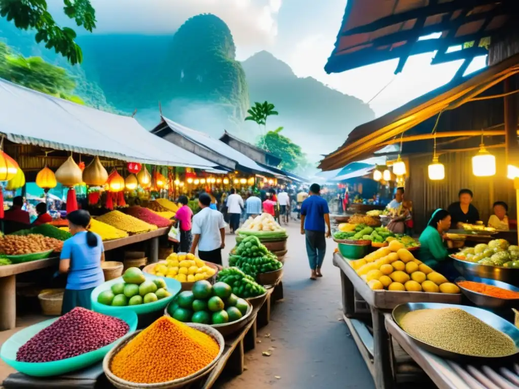 Mercado bullicioso en un remoto pueblo del sudeste asiático, con sabores autóctonos gastronomía asiática y vibrante escena de colores y aromas exóticos