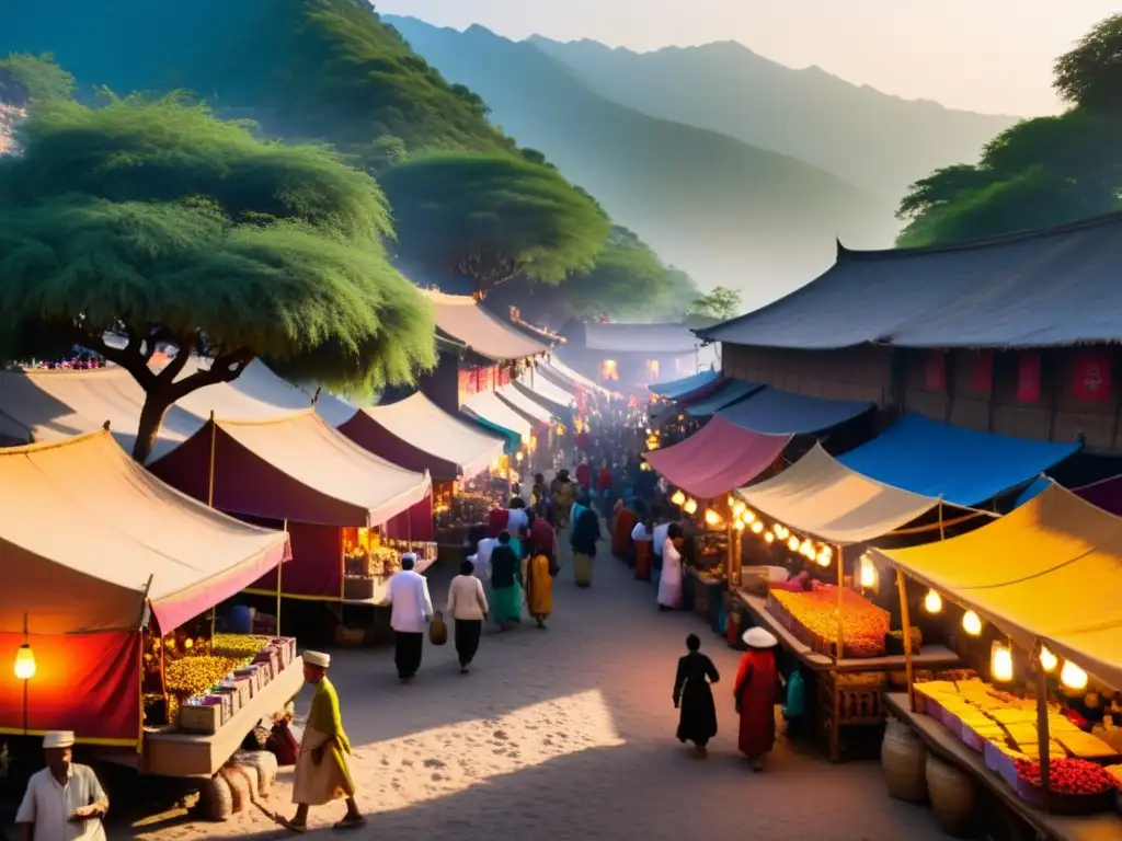 Mercado bullicioso en la Ruta Comercial del Incienso Oriente Occidente, con intercambio cultural y actividad económica entre civilizaciones