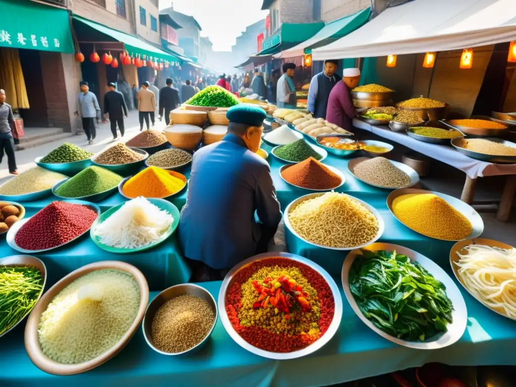 Mercado bullicioso de la Ruta de la Seda con sabores exclusivos y colores vibrantes, donde se mezcla la diversidad cultural y culinaria