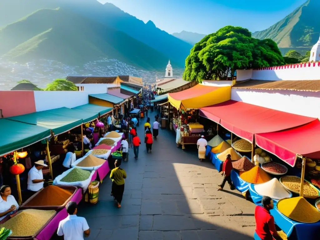 Mercado bullicioso en el Triángulo Dorado, vendedores de especias, textiles y frutas exóticas