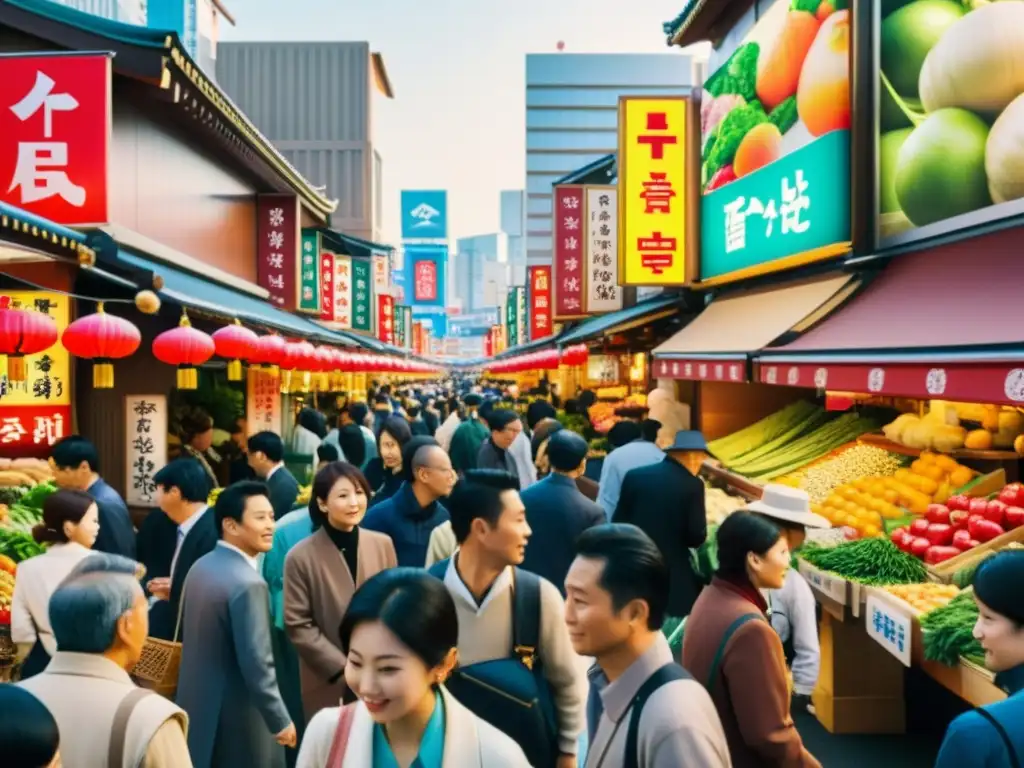 Mercado bullicioso en Tokio, Japón, con una variedad de personas comprando productos frescos, señales coloridas y arquitectura japonesa