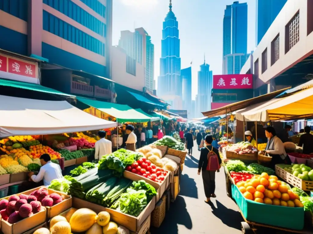 Un mercado bullicioso en una vibrante ciudad asiática, con rascacielos imponentes al fondo y una colorida variedad de productos frescos y bienes vendidos por comerciantes locales