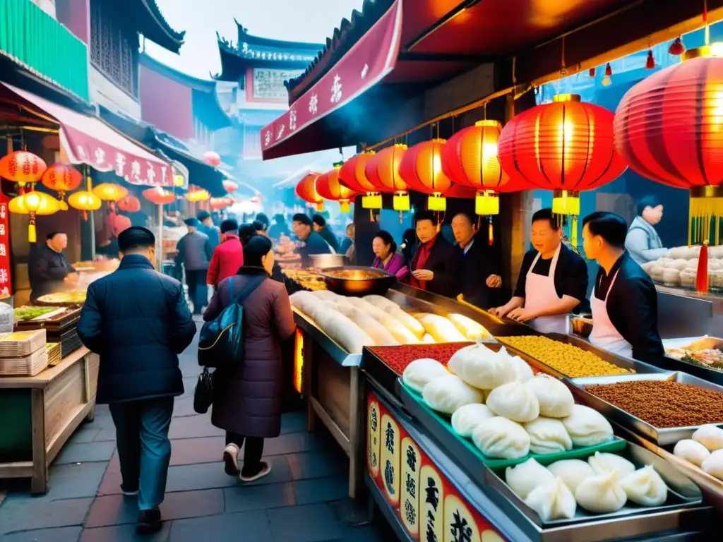 Mercado callejero animado en una ciudad china, con vendedores ofreciendo una variedad de dumplings, fideos y bollos al vapor