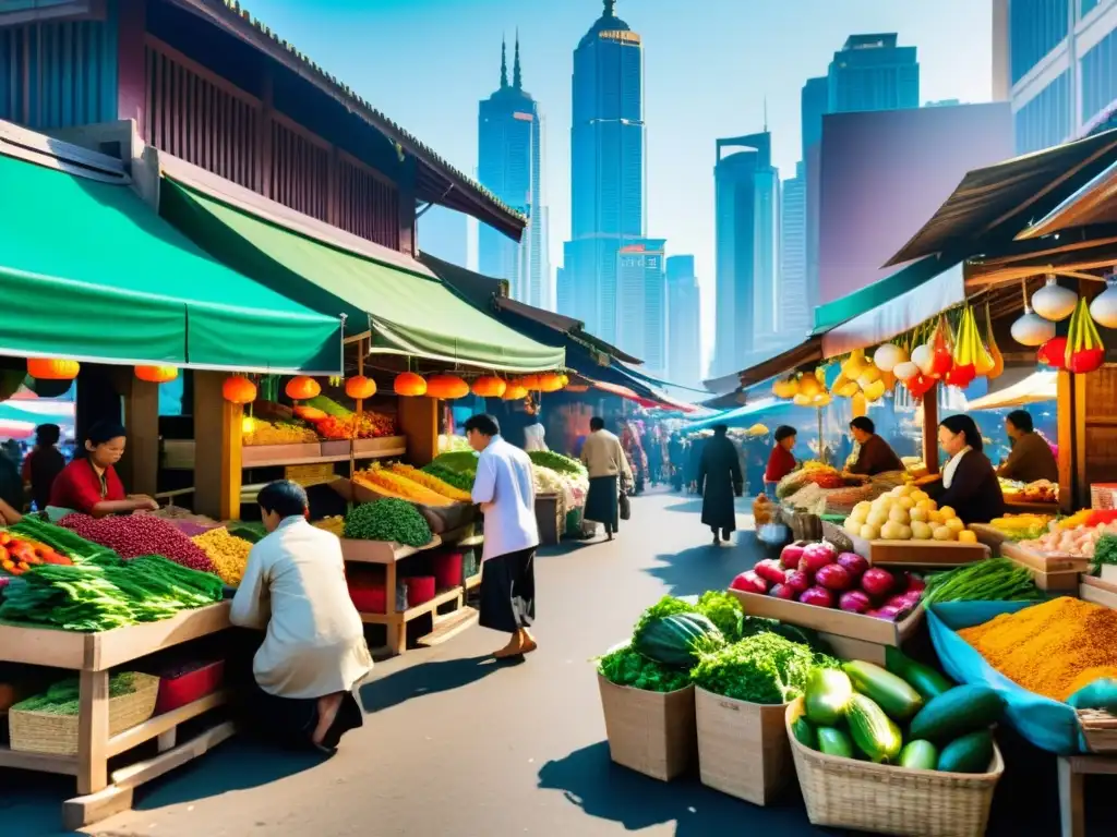 Un mercado callejero asiático bullicioso y colorido, fusionando tradición y modernidad con puestos de madera y rascacielos