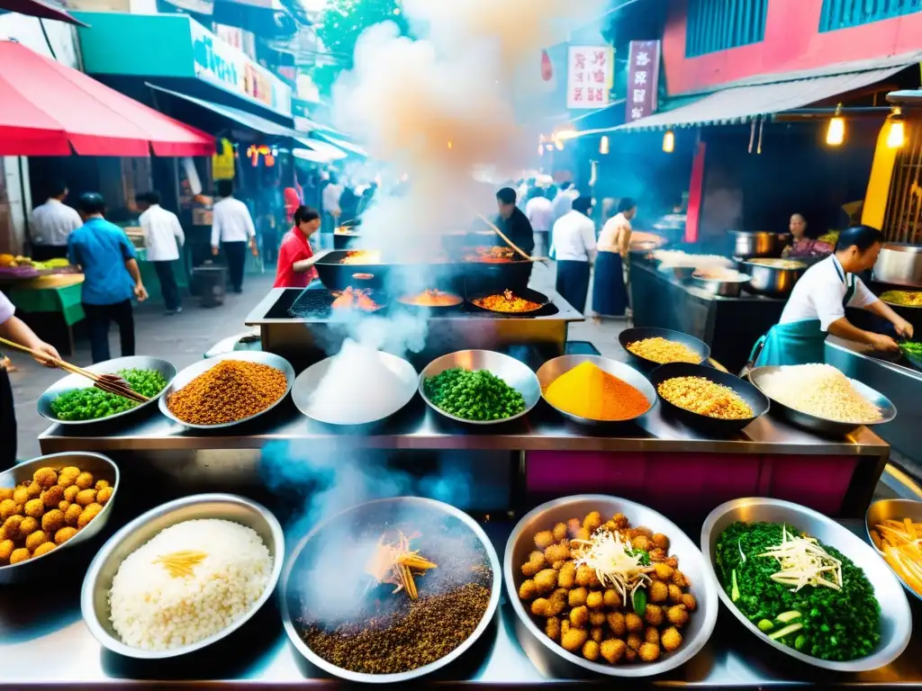 Un mercado callejero asiático bullicioso con vendedores preparando innovadoras delicias culinarias entre colores vibrantes y energía