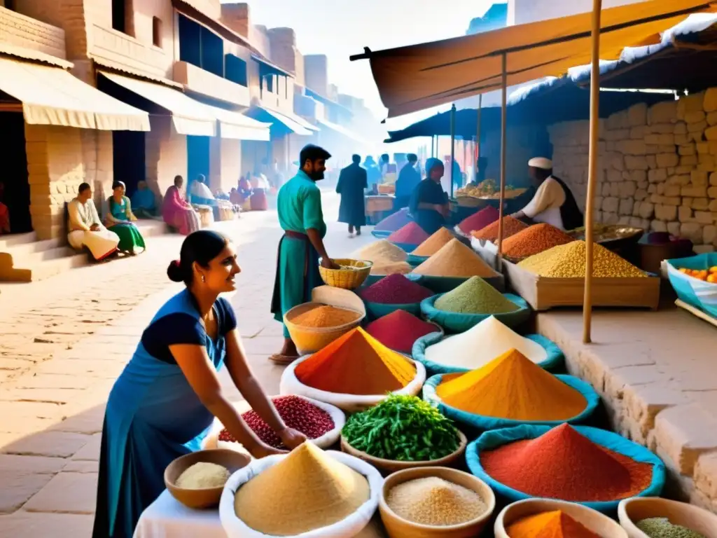 Mercado callejero bullicioso en la antigua ciudad de Mohenjodaro, con vendedores ofreciendo una variedad colorida de especias, frutas y verduras