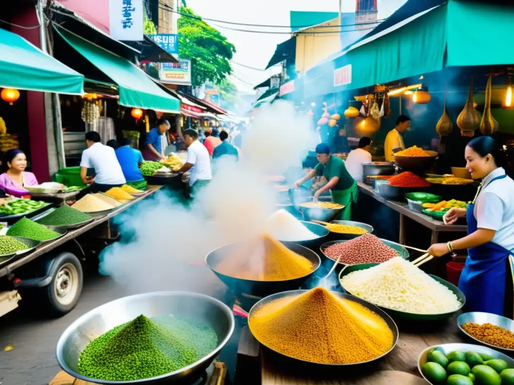 Un mercado callejero tailandés bullicioso con colores vibrantes y frutas exóticas, donde locales y turistas disfrutan de la cocina tailandesa para paladares exigentes