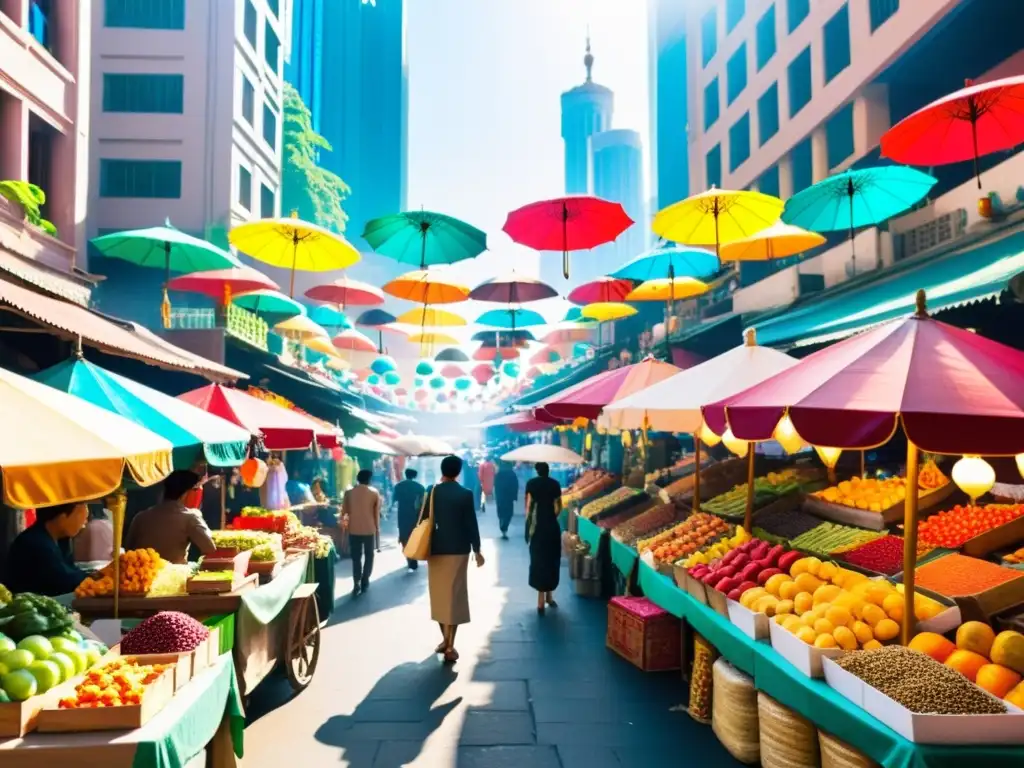 Un mercado callejero bullicioso en Asia, con colores vibrantes y vendedores ofreciendo frutas, especias y artesanías