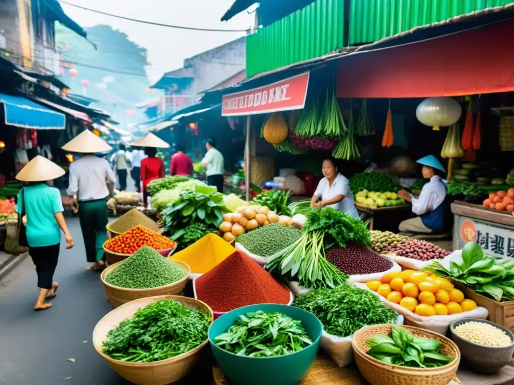 Mercado callejero bullicioso en Vietnam con hermosos colores y sabores, fusiones indochinas en la gastronomía