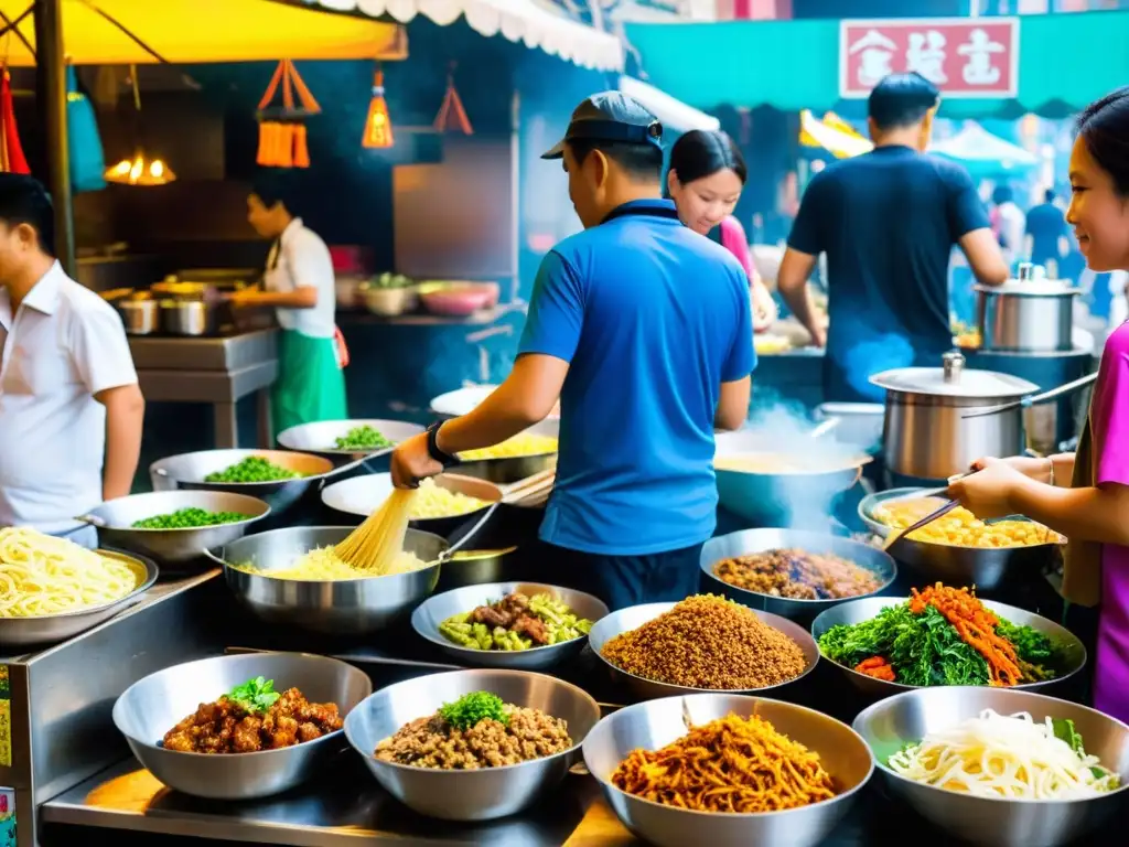 Un mercado callejero bullicioso en Asia, con puestos coloridos ofreciendo platos exóticos