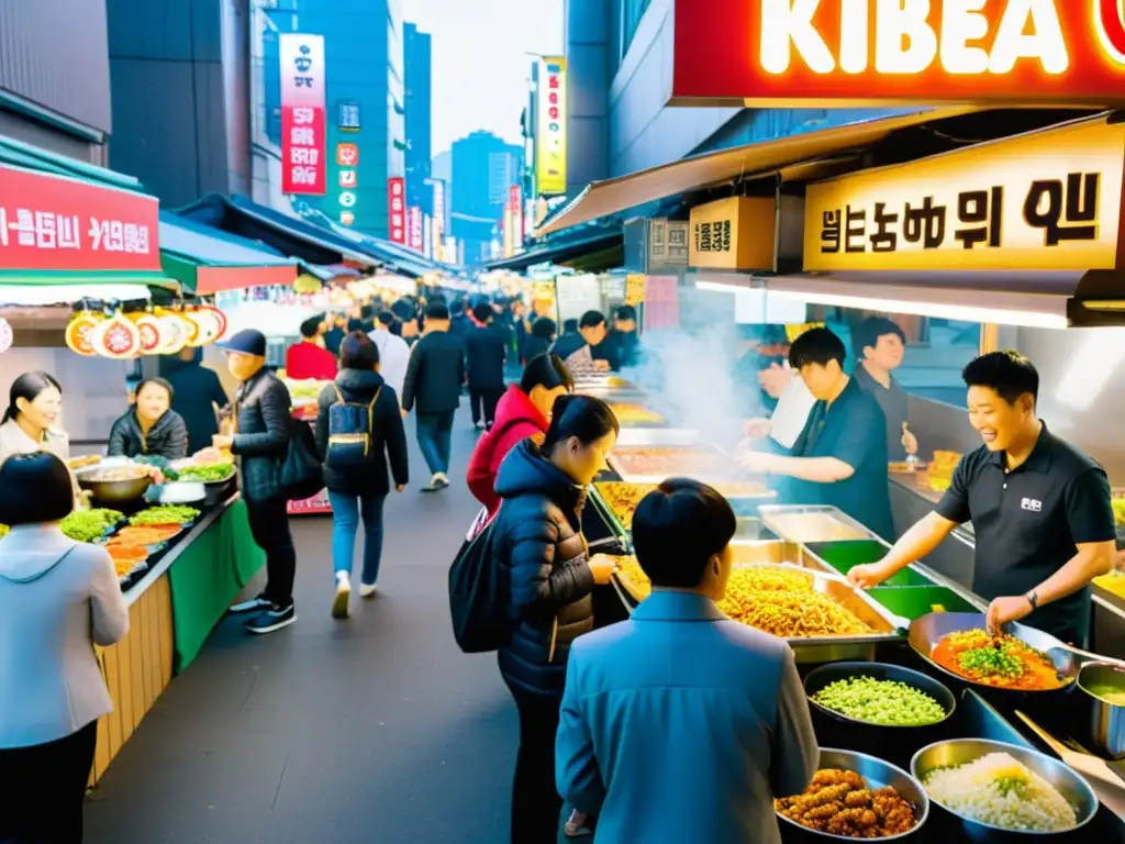 Un mercado callejero bullicioso en Seúl, Corea del Sur, con puestos de comida vendiendo platos tradicionales como bibimbap, kimchi y tteokbokki