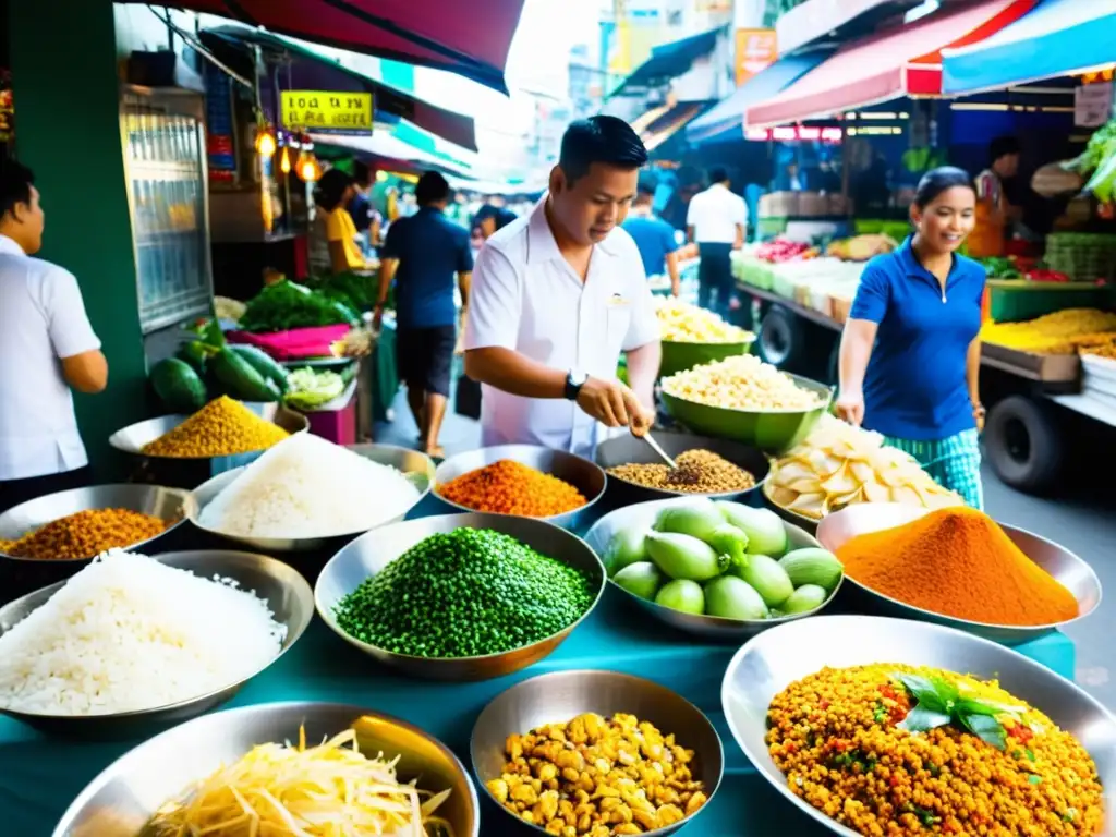 Mercado callejero bullicioso en Bangkok, Tailandia, con puestos coloridos de alimentos frescos y especias exóticas