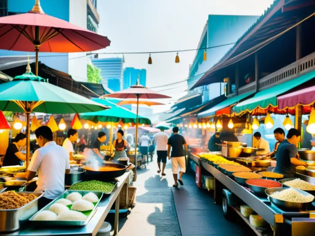 Un mercado callejero bullicioso en Bangkok, Tailandia, con chefs cocinando platos tradicionales bajo coloridos paraguas