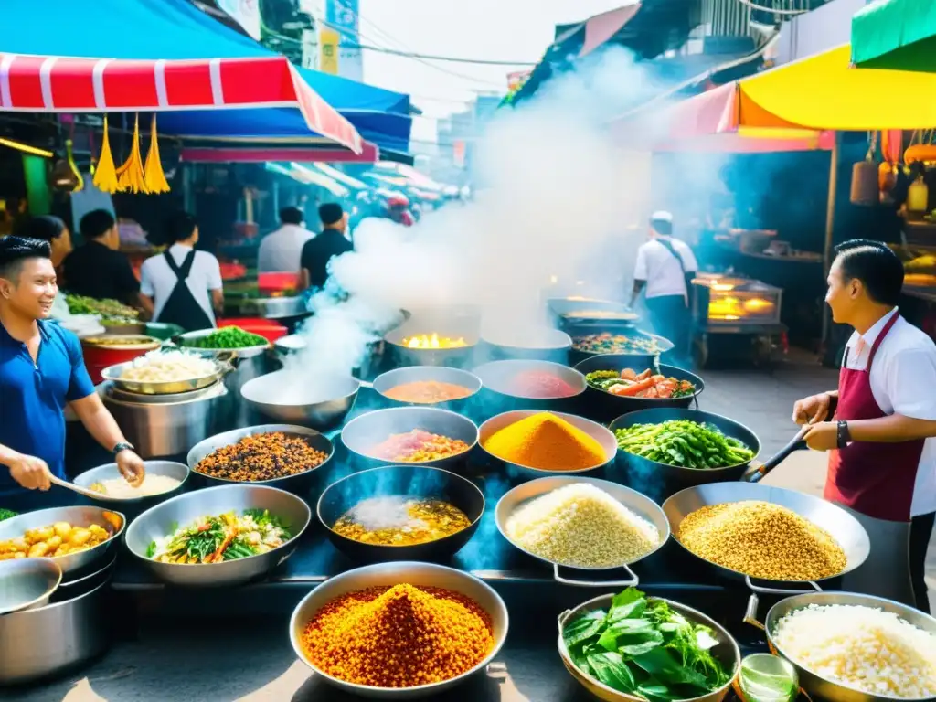 Un mercado callejero bullicioso en Bangkok, Tailandia, con puestos de comida coloridos y vendedores preparando cocinas innovadoras de Asia