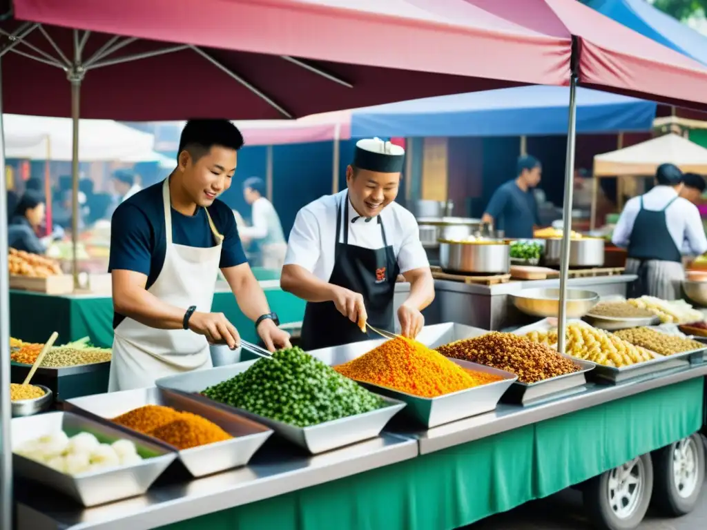 Un mercado callejero bullicioso en Asia, con una variedad diversa de ingredientes coloridos y aromáticos en exhibición