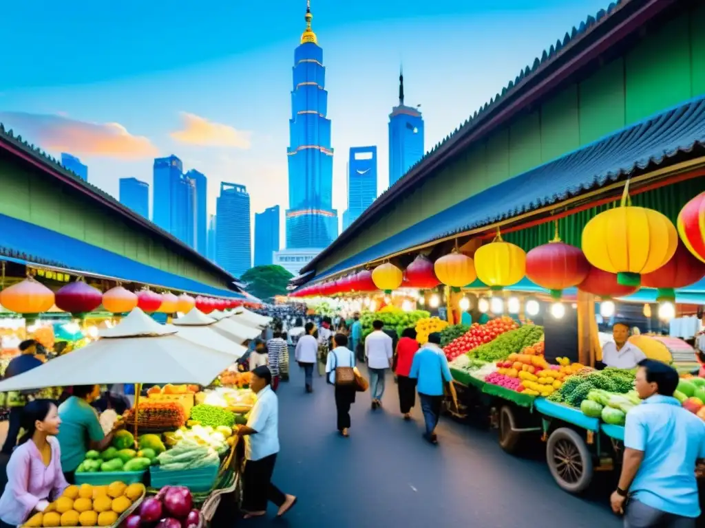 Un mercado callejero bullicioso y vibrante en Asia, con vendedores, colores, aromas y gente disfrutando de la vida diaria