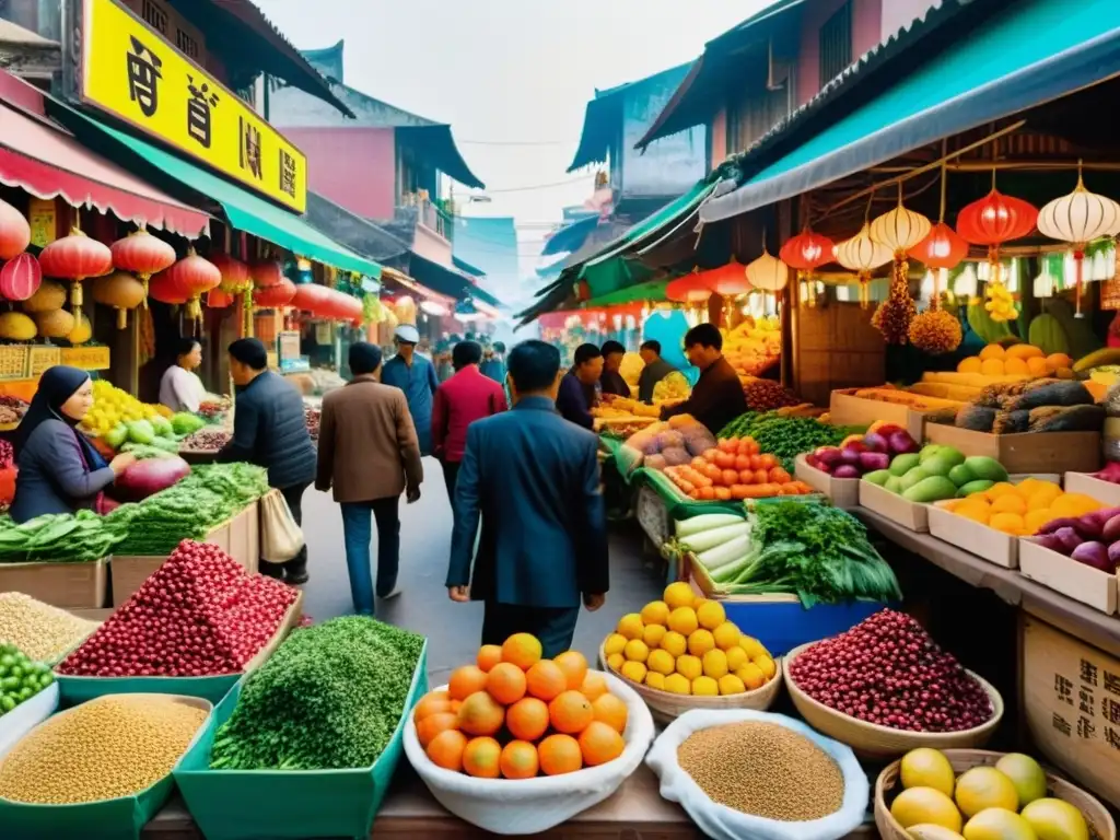 Un mercado callejero bullicioso en una vibrante ciudad asiática