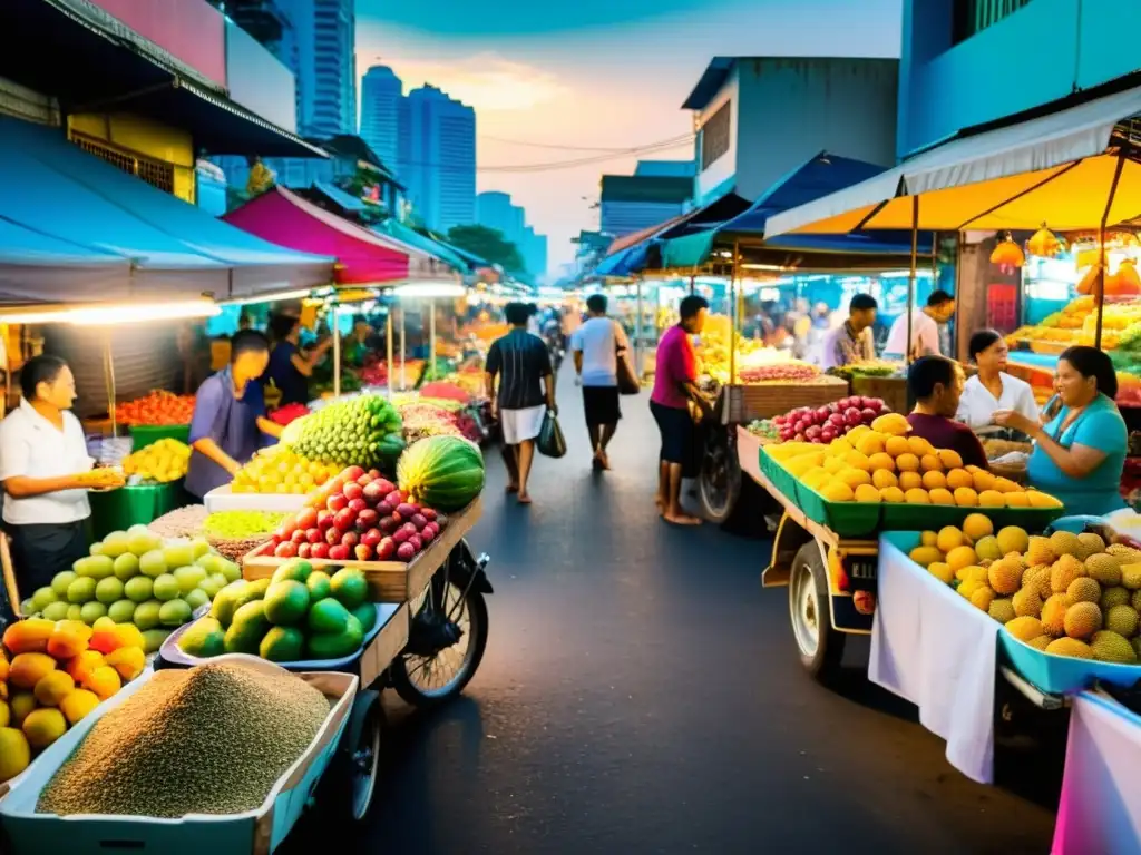 Mercado callejero bullicioso en Bangkok, Tailandia