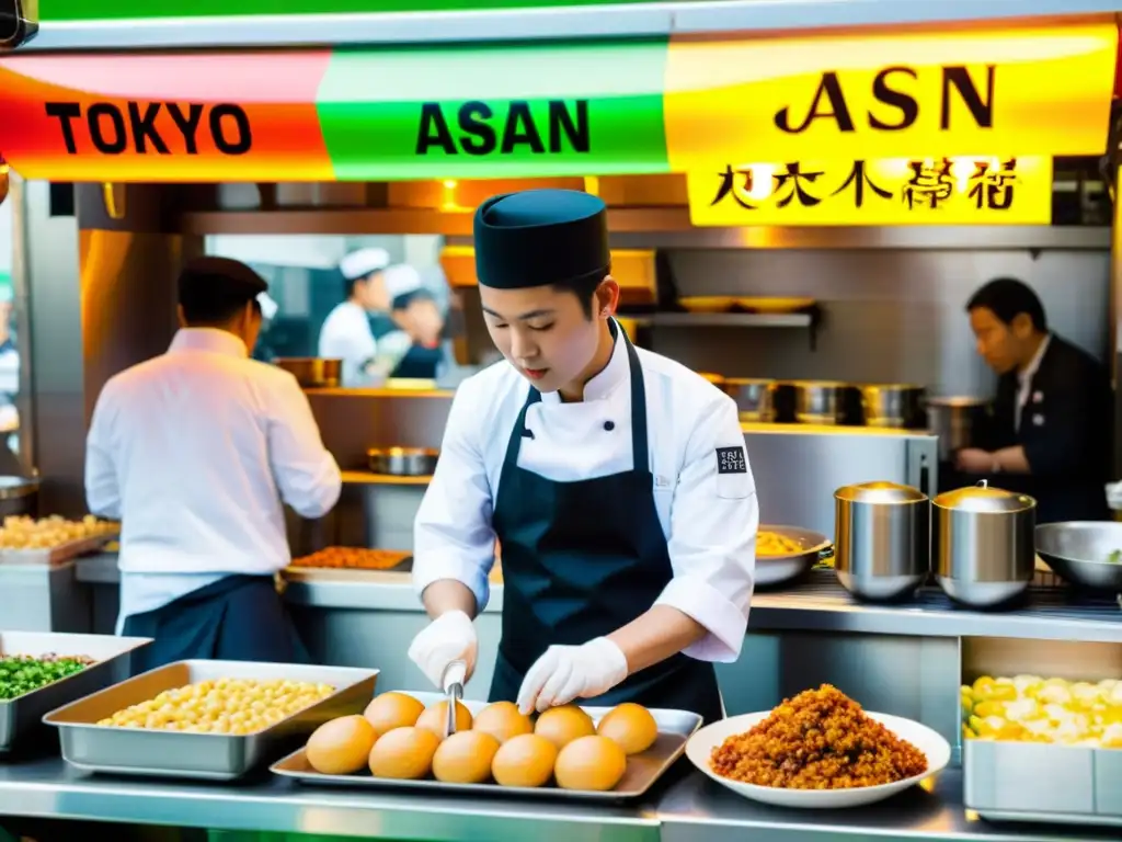 Mercado callejero en Tokio con coloridos puestos de comida y chefs preparando platos de tendencias cocina asiática contemporánea