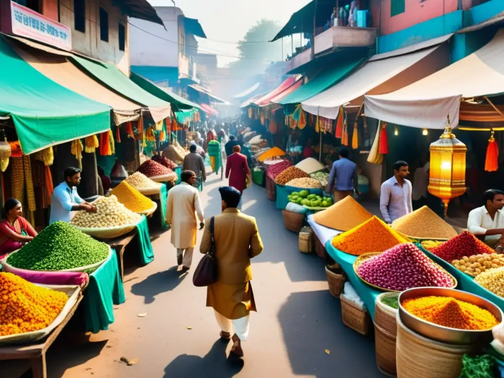 Mercado callejero indio bullicioso, con colores vibrantes, detalles intrincados y una mezcla de elementos tradicionales y modernos